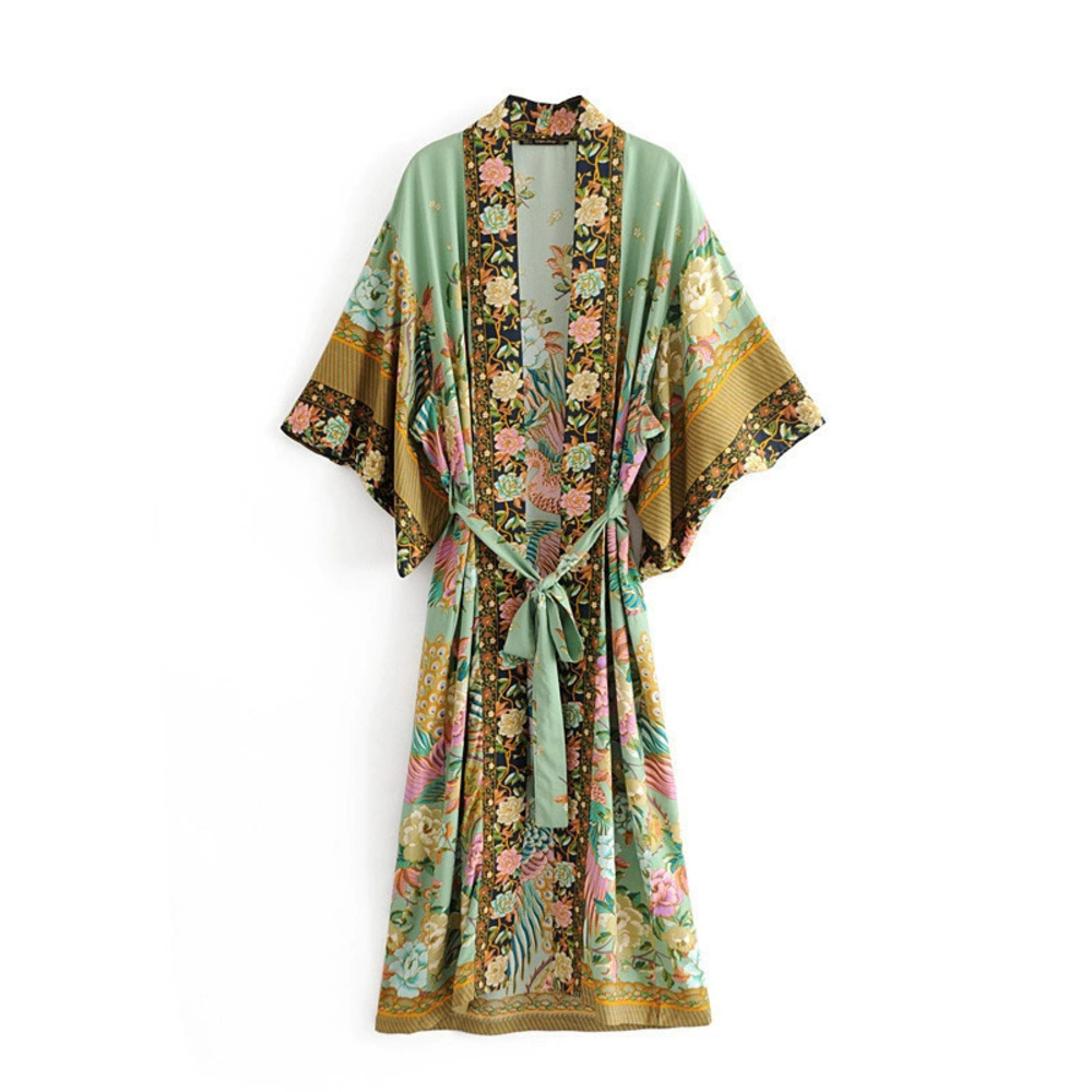 Spring Green Peacock Rayon Placement Print Kimono Cardigan